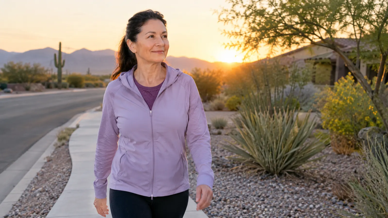 A woman in her late fifties on an early morning walk on a quiet neighborhood street