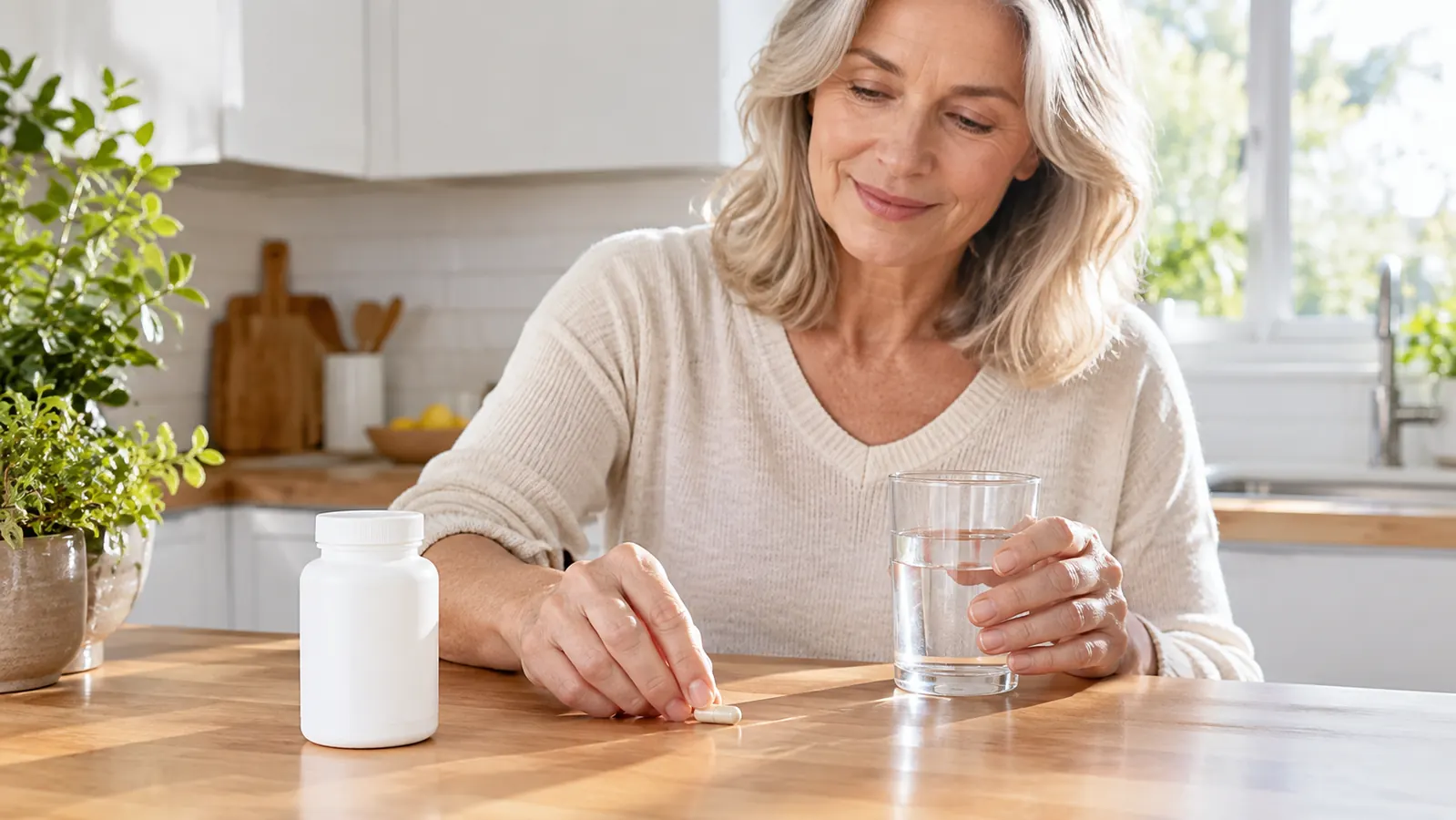 A hand in a bright kitchen places one small supplement capsule next to a glass of water on a wooden counter