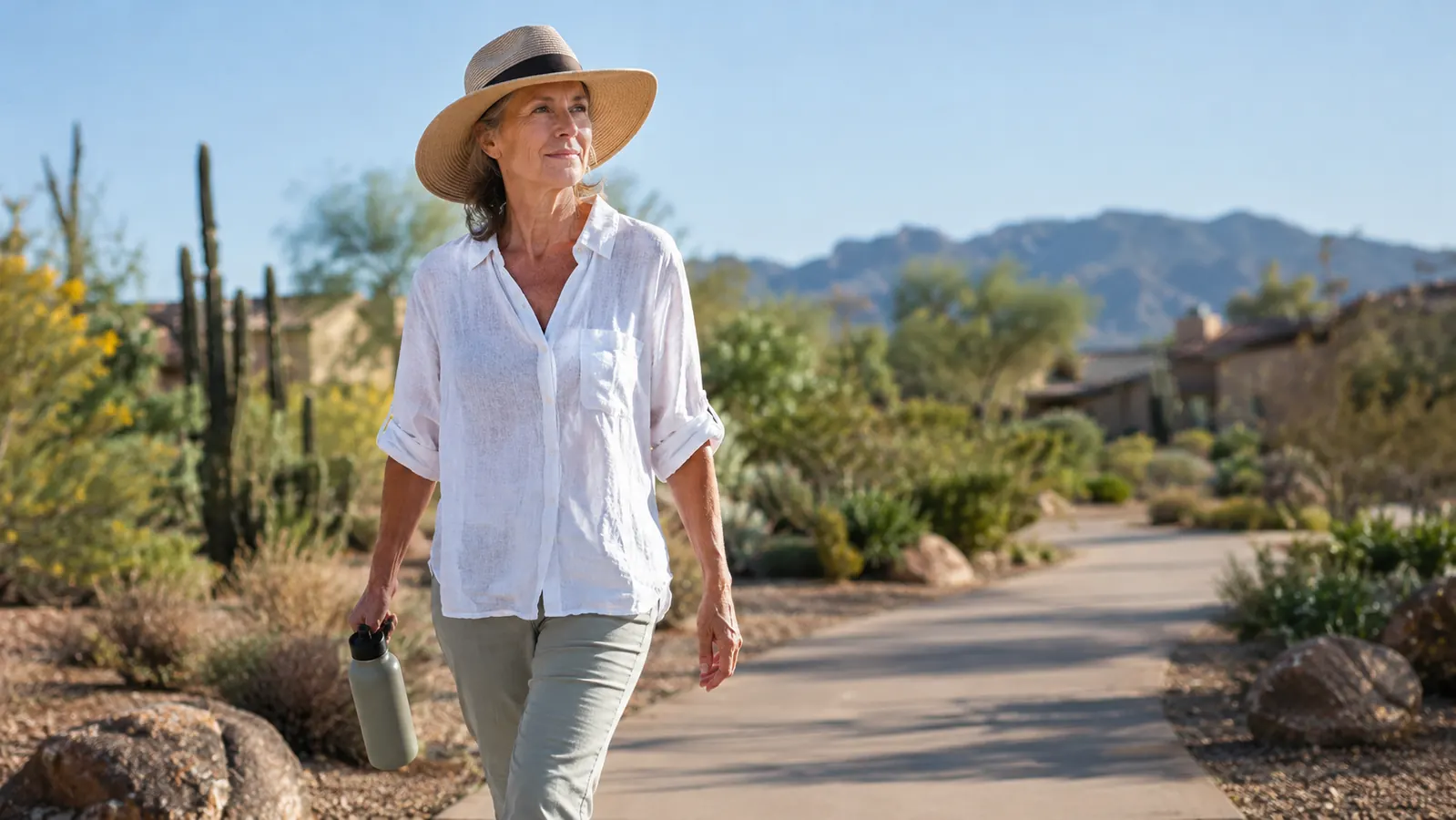 A woman in her late fifties in a sun hat walks a paved path through a desert neighborhood in the morning, water bottle in hand