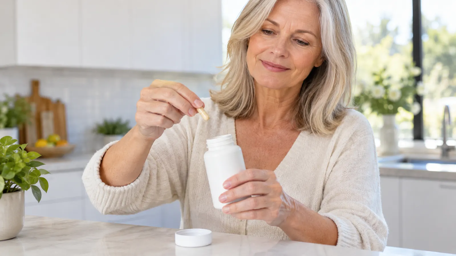 A woman's hand holding a single capsule over an open supplement bottle on a kitchen counter
