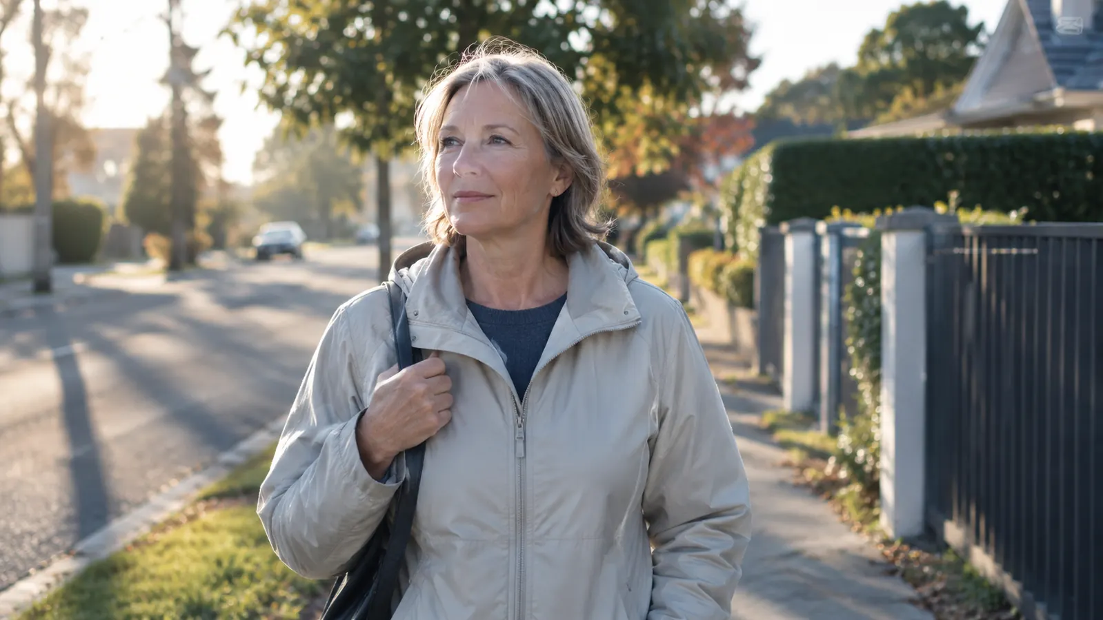 A woman in her late fifties walking on a quiet residential street in early morning light wearing a light jacket