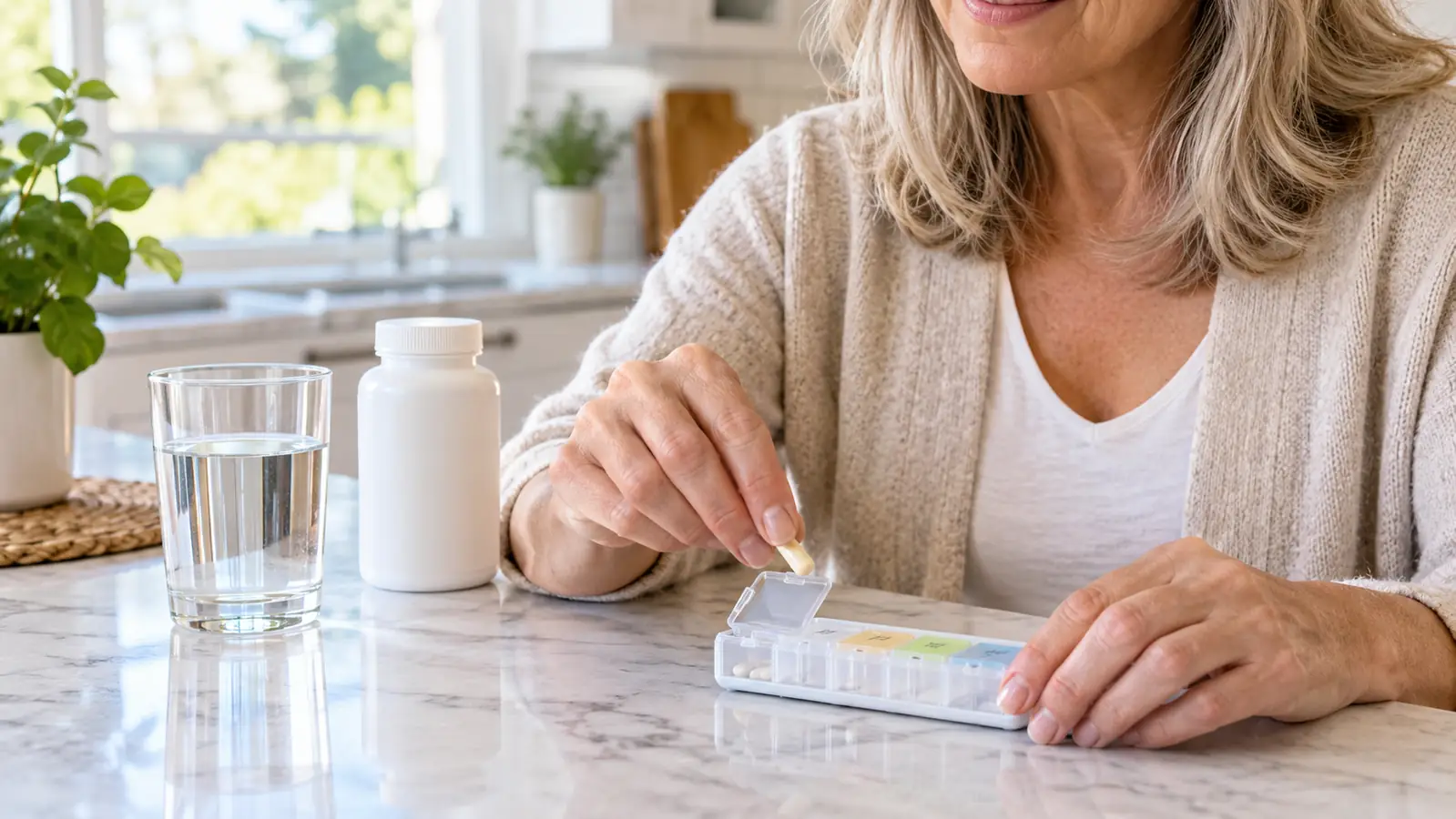A hand taking a small supplement capsule from a weekly pill organizer on a kitchen counter with a glass of water beside it