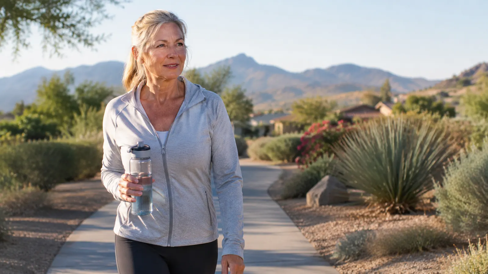 A woman in her late fifties walking on a quiet neighborhood path in the morning with a water bottle in one hand